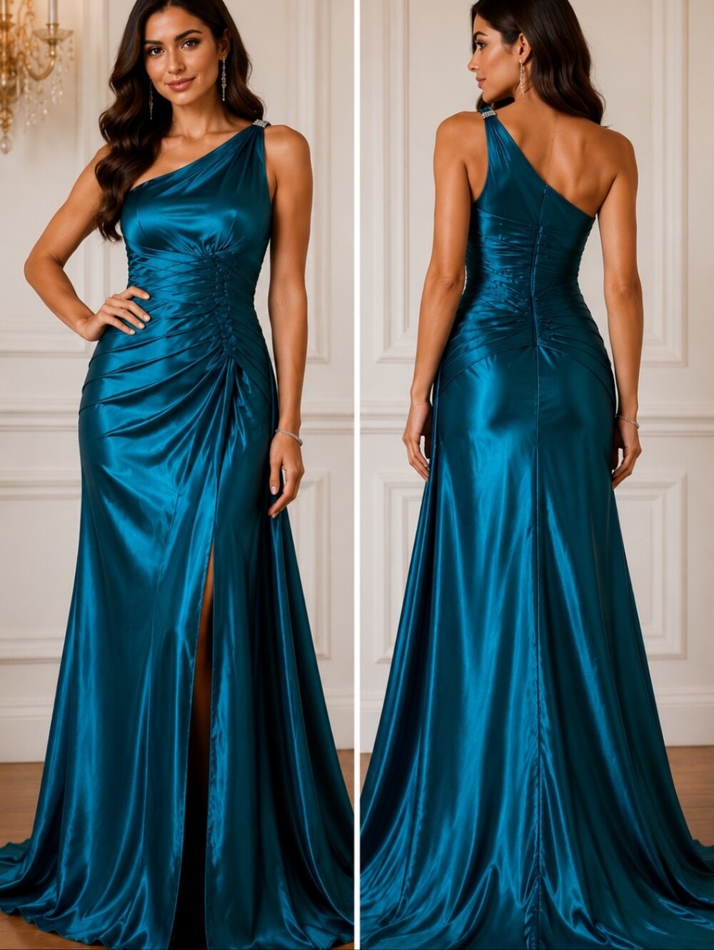 Jovani Teal Satin One Shoulder Prom Dress Rhinestone Formal Gown S